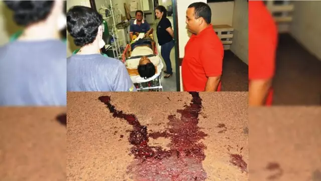 Uma das vítimas sendo socorrida e marcas de sangue no asfalto. (Foto: Região News)Crédito Campo Grande News